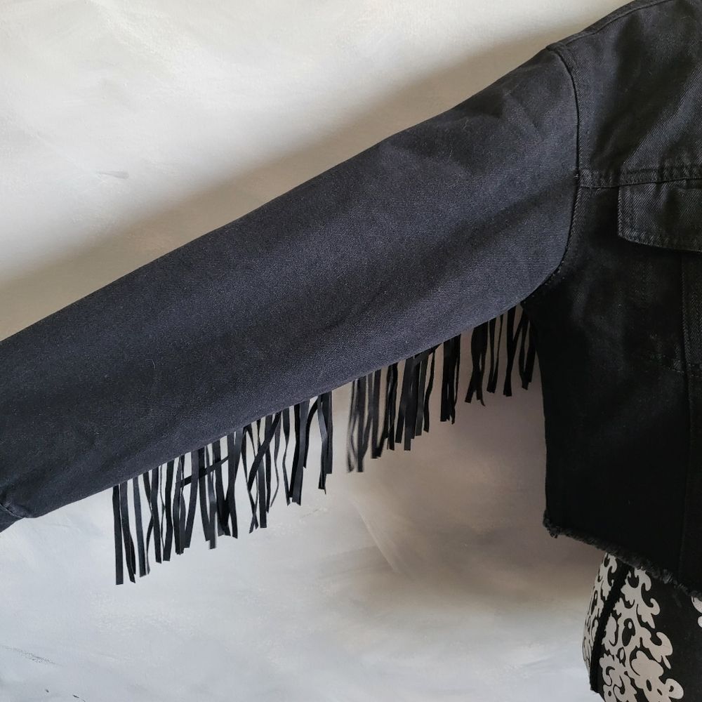 Stoosh Vintage Denim Black Crop Faux Vegan Leather Fringe Jacket Size M - Picture 4 of 8